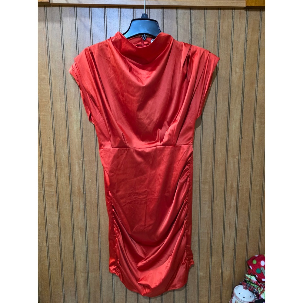 Glamaker Bodycon Dress Women Sz L Red Ruched Sleeveless Mock Neck Prom‎ NWT